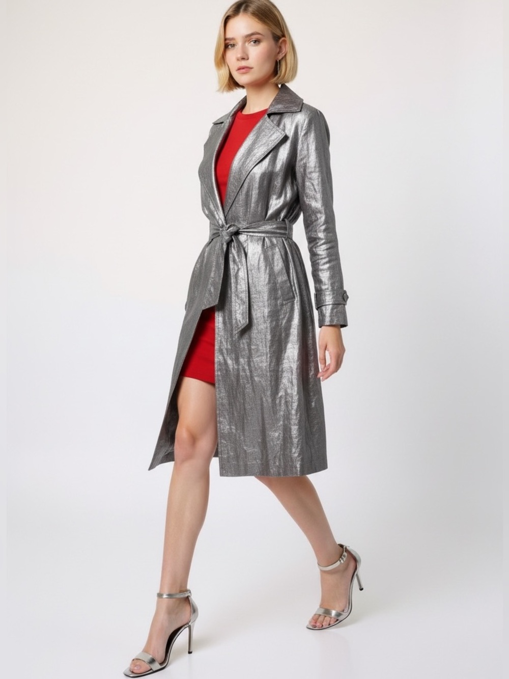 Jones New York Linen Trench Coat Metallic Silver Tie Belt S New